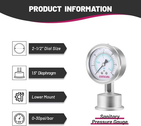 Sanitary Pressure Gauge, 0-60psi, 2.5" Stainless Steel Pressure Gauge, 1.5" Tri Clamp Bottom Connection in Kuwait