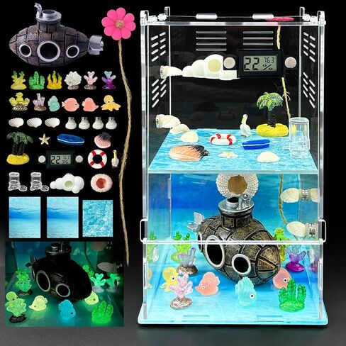 Jumping Spider Enclosure,DIY Insects Habitat,Small Reptile Terrarium Glass House Accessories Set,with Temperature and Humidity Detector Water Feeder Platform Hide,5.5“x5.5"x9.5“ (Forest) in Saudi Arabia