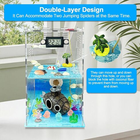 Jumping Spider Enclosure,DIY Insects Habitat,Small Reptile Terrarium Glass House Accessories Set,with Temperature and Humidity Detector Water Feeder Platform Hide,5.5“x5.5"x9.5“ (Forest) in Saudi Arabia
