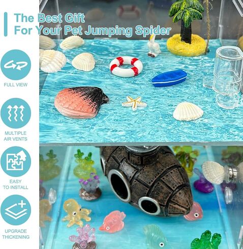 Jumping Spider Enclosure,DIY Insects Habitat,Small Reptile Terrarium Glass House Accessories Set,with Temperature and Humidity Detector Water Feeder Platform Hide,5.5“x5.5"x9.5“ (Forest) in Saudi Arabia