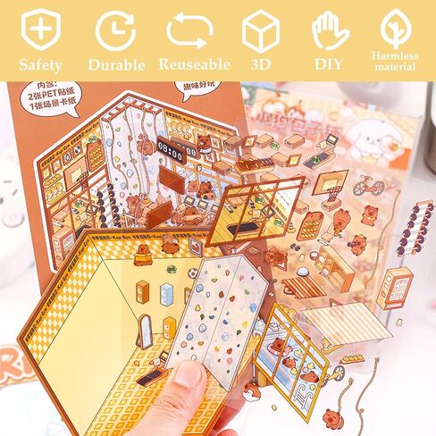 Scene Sticker Book for Kids,20 Sets of 3D Sticker Scene Fun Mini House Stickers Sets Reusable and Waterproof Therapy Stickers for Adult Relief Stress Pass The Time in Kuwait