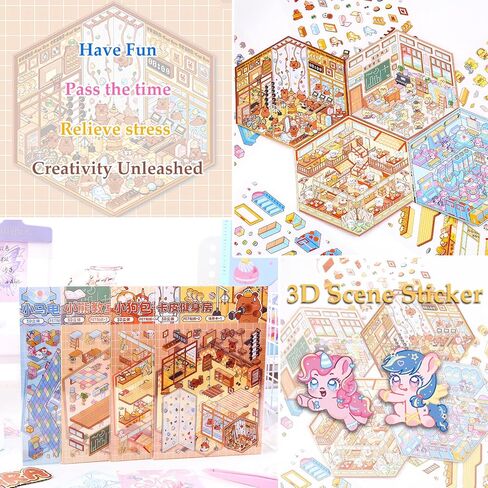 Scene Sticker Book for Kids,20 Sets of 3D Sticker Scene Fun Mini House Stickers Sets Reusable and Waterproof Therapy Stickers for Adult Relief Stress Pass The Time in Kuwait