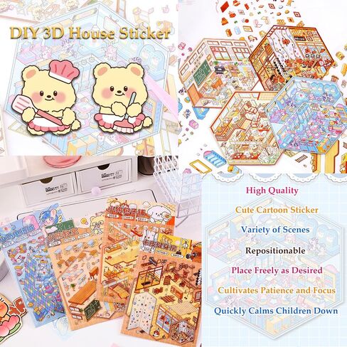 Scene Sticker Book for Kids,20 Sets of 3D Sticker Scene Fun Mini House Stickers Sets Reusable and Waterproof Therapy Stickers for Adult Relief Stress Pass The Time in Kuwait
