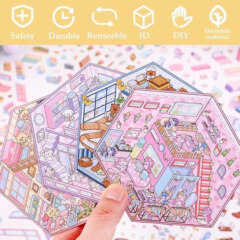 Scene Sticker Book for Kids,20 Sets of 3D Sticker Scene Fun Mini House Stickers Sets Reusable and Waterproof Therapy Stickers for Adult Relief Stress Pass The Time in Kuwait