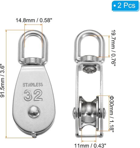 PATIKIL M32 Single Pulley Block, 304 Stainless Steel Heavy Wire Rope Hanging Wire Towing Wheel Lifting Crane Swivel Hook, Loading 250KG/551LBS in Kuwait