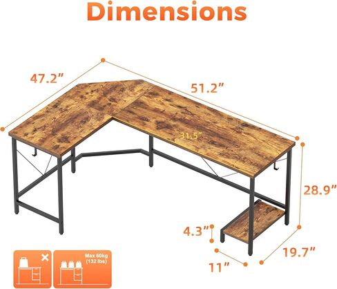 Modern L-Shaped Computer Desk with Monitor Stand | 66" Corner Home Office Desk with Storage Shelves | Spacious Workstation for Gaming & Work, Rustic Brown in Saudi Arabia
