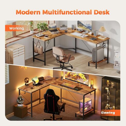Modern L-Shaped Computer Desk with Monitor Stand | 66" Corner Home Office Desk with Storage Shelves | Spacious Workstation for Gaming & Work, Rustic Brown in Saudi Arabia