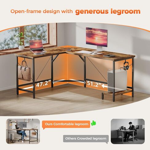 Modern L-Shaped Computer Desk with Monitor Stand | 66" Corner Home Office Desk with Storage Shelves | Spacious Workstation for Gaming & Work, Rustic Brown in Saudi Arabia