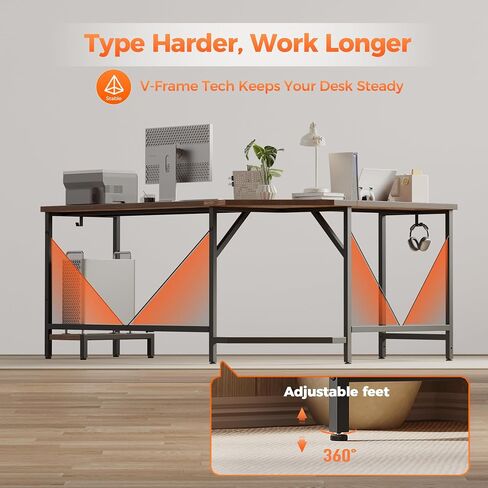 Modern L-Shaped Computer Desk with Monitor Stand | 66" Corner Home Office Desk with Storage Shelves | Spacious Workstation for Gaming & Work, Rustic Brown in Saudi Arabia
