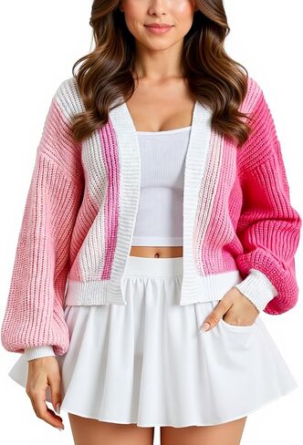 Women's Color Block Open Front Knit Light Cardigan Long Sleeve Ribbed Sweater Loose Cropped Tops in Kuwait