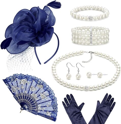 Tea Party Costume Outfit for Women Fascinator Hats Glove Fan Pearl Set Halloween Cosplay Tea Party in Kuwait