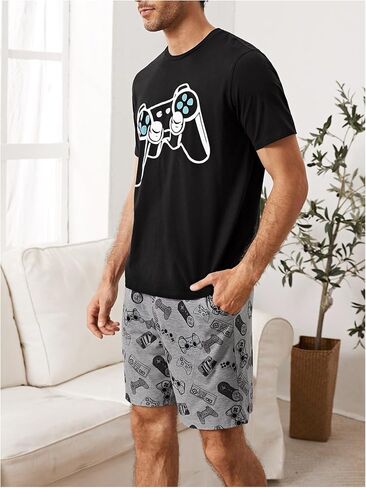 Verdusa Men's 2 Piece PJ Sets Pajama Shorts Sets Short Sleeve Letter Print Tee and Short Lounge Set in Saudi Arabia