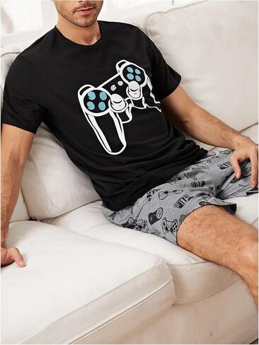 Verdusa Men's 2 Piece PJ Sets Pajama Shorts Sets Short Sleeve Letter Print Tee and Short Lounge Set in Saudi Arabia