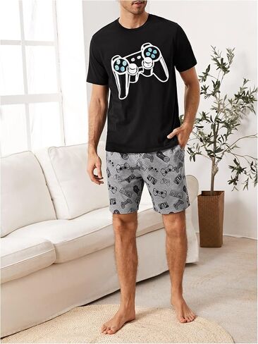 Verdusa Men's 2 Piece PJ Sets Pajama Shorts Sets Short Sleeve Letter Print Tee and Short Lounge Set in Saudi Arabia