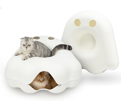 CATTASAURUS Peekaboo Cat Cave for Multiple & Large Cats Up to 30-45 Lbs, Fluffy Cat Beds & Furniture, Scratch Detachable & Washable Tunnel Bed, Comfy Donut Bed (Ruby Snowball, Large (Calming)) in Kuwait