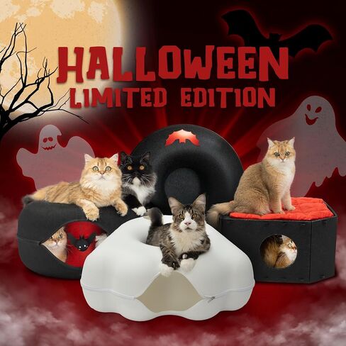 CATTASAURUS Peekaboo Cat Cave for Multiple & Large Cats Up to 30-45 Lbs, Fluffy Cat Beds & Furniture, Scratch Detachable & Washable Tunnel Bed, Comfy Donut Bed (Ruby Snowball, Large (Calming)) in Kuwait
