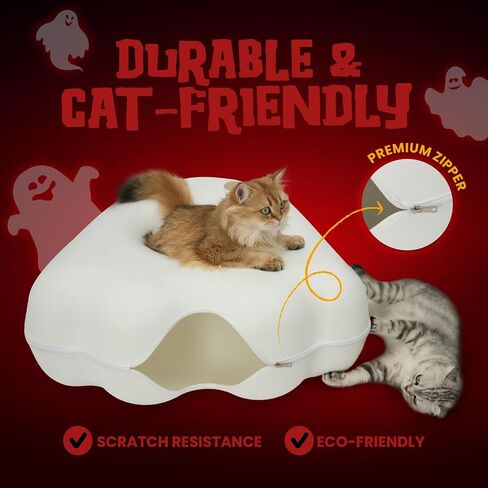 CATTASAURUS Peekaboo Cat Cave for Multiple & Large Cats Up to 30-45 Lbs, Fluffy Cat Beds & Furniture, Scratch Detachable & Washable Tunnel Bed, Comfy Donut Bed (Ruby Snowball, Large (Calming)) in Kuwait