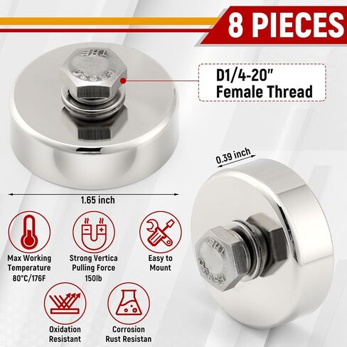 4 Pack Neodymium Round Magnet with D1/4''-20 Female Thread, 88 lb Powerful Anti-Scratch Magnet with Bolt Stud and Washer, Removable Mounting Magnet for Lighting, Camera and Other Brackets in Kuwait