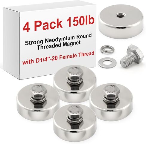 4 Pack Neodymium Round Magnet with D1/4''-20 Female Thread, 88 lb Powerful Anti-Scratch Magnet with Bolt Stud and Washer, Removable Mounting Magnet for Lighting, Camera and Other Brackets in Kuwait
