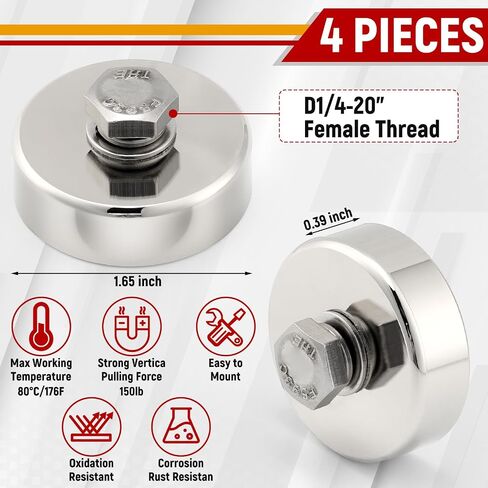 4 Pack Neodymium Round Magnet with D1/4''-20 Female Thread, 88 lb Powerful Anti-Scratch Magnet with Bolt Stud and Washer, Removable Mounting Magnet for Lighting, Camera and Other Brackets in Kuwait