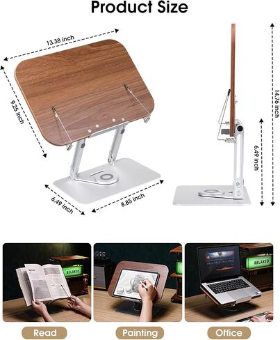 Honagu Book Stand for Reading ، حامل كتب مكتب قابل للتعديل ، مكتبات مكتبات متينة للوثائق والمجلات والكمبيوتر المحمول والوصفات والكتاب المدرسي وكتاب الطبخ ، مع مقاطع قاعدة دوارة 360 درجة مرنة (الخشب ، الألومنيوم) in Kuwait