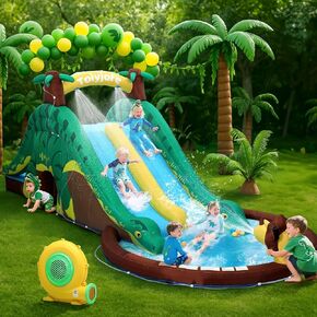Giant Inflatable Water Slide, 7-in-1 Original Forest Dinosaur Style Backyard Splash Park with Dual Slide, 480W Blower with GFCI, Pool, Water Sprinklers, Tunnel, Climbing Wall for Summer Outdoor Fun in Kuwait