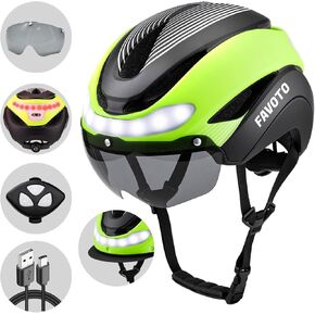 Favoto Bike Helmet with Turn Signals - CPSC Certificated Dual Shell Helmet with Removable Visor & Goggles USB Rechargeable Front and Back LED Lights, Blue in Kuwait