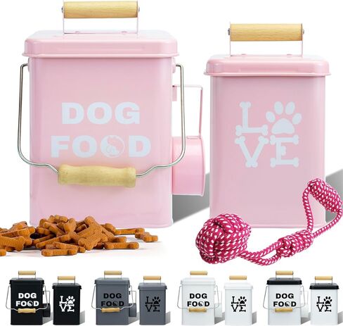 Metal Dog Treat Container Set of 2-9.5x5.9In & 8.6x5In Pink Dog Treat Jars with Airtight Lids, Includes Scoop & Dog Toy - Pet Treat Canister, Dog Cookie Jar, Treat Storage for Kitchen Counter in Kuwait