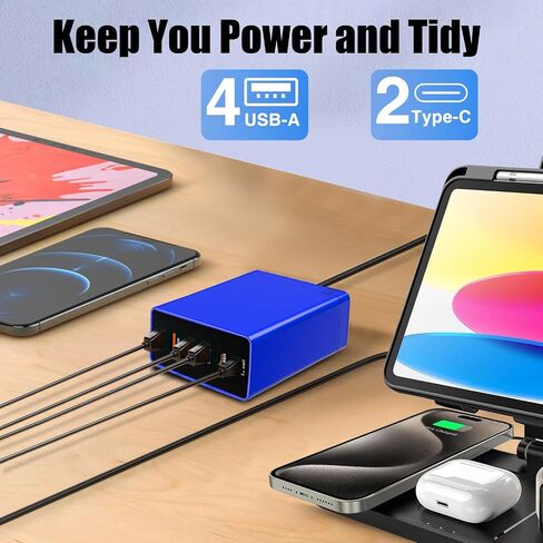شاحن USB متعدد RISWOJOR، قاعدة شحن مسطحة 40 وات 6 منافذ USB مع كشف تلقائي للسلامة، شاحن USB متعدد المنافذ مع نوع C 3A للهواتف الذكية اللوحية وأجهزة متعددة in Kuwait