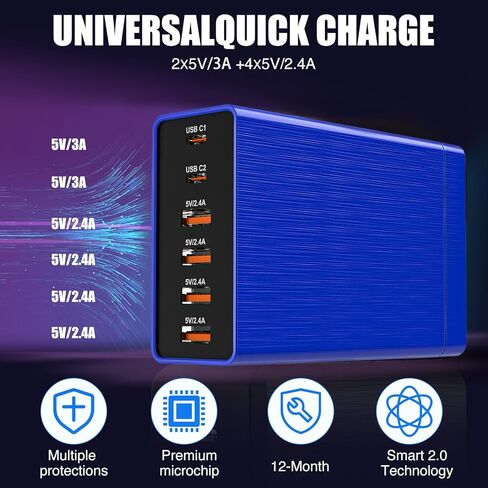 شاحن USB متعدد RISWOJOR، قاعدة شحن مسطحة 40 وات 6 منافذ USB مع كشف تلقائي للسلامة، شاحن USB متعدد المنافذ مع نوع C 3A للهواتف الذكية اللوحية وأجهزة متعددة in Kuwait