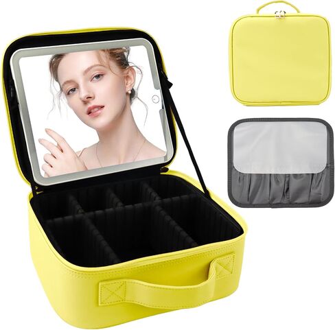 حقيبة مكياج السفر مع مرآة LED و COSTEP COSSMETION COSMETAL COSTEMERT PORTION COMTER COSMETION BAS مع مقسمات قابلة للتعديل لضمادات مستحضرات التجميل بفرش مكياج (أسود) in Kuwait