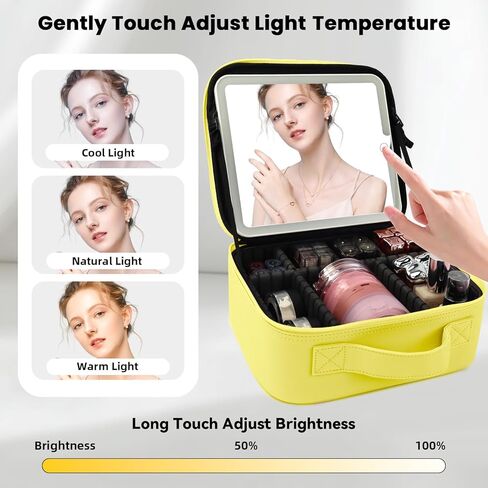 حقيبة مكياج السفر مع مرآة LED و COSTEP COSSMETION COSMETAL COSTEMERT PORTION COMTER COSMETION BAS مع مقسمات قابلة للتعديل لضمادات مستحضرات التجميل بفرش مكياج (أسود) in Kuwait