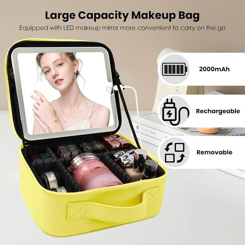 حقيبة مكياج السفر مع مرآة LED و COSTEP COSSMETION COSMETAL COSTEMERT PORTION COMTER COSMETION BAS مع مقسمات قابلة للتعديل لضمادات مستحضرات التجميل بفرش مكياج (أسود) in Kuwait