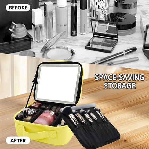 حقيبة مكياج السفر مع مرآة LED و COSTEP COSSMETION COSMETAL COSTEMERT PORTION COMTER COSMETION BAS مع مقسمات قابلة للتعديل لضمادات مستحضرات التجميل بفرش مكياج (أسود) in Kuwait
