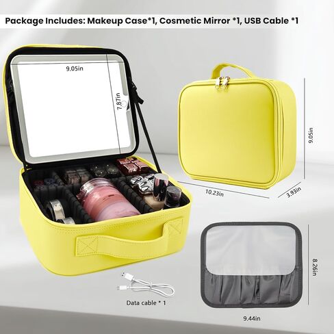 حقيبة مكياج السفر مع مرآة LED و COSTEP COSSMETION COSMETAL COSTEMERT PORTION COMTER COSMETION BAS مع مقسمات قابلة للتعديل لضمادات مستحضرات التجميل بفرش مكياج (أسود) in Kuwait