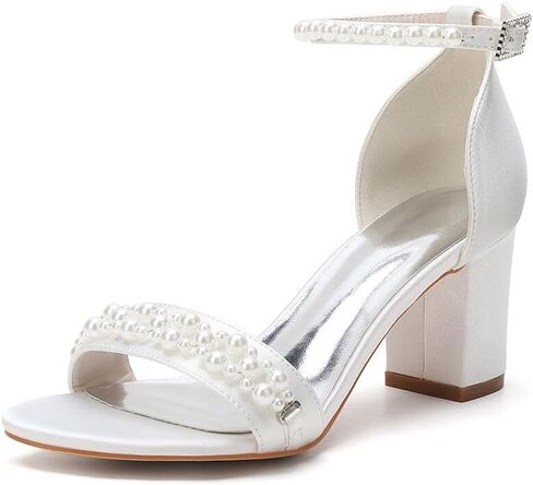 Women's Pearl Block Heels Wedding Shoes for Bride Low Heels Satin Bridal Shoes Open Toe Ankle Strap Heels Sandals in Saudi Arabia