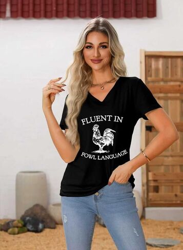 Fluent in Fowl Language Shirt Chicken V Neck T Shirts for Women Funny Graphic Tees Short Sleeve Tops in Saudi Arabia