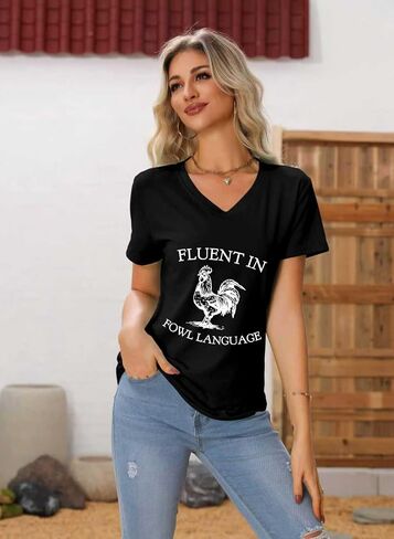 Fluent in Fowl Language Shirt Chicken V Neck T Shirts for Women Funny Graphic Tees Short Sleeve Tops in Saudi Arabia