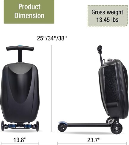 Apelila 20" Scooter Suitcase for Kids, 2-in-1 Ride On Luggage with Wheels for Boys & Girls Ages 4-15, Foldable Hardshell Carry On Lightweight Travel Suitcase for Airplane (Gentle Black w/LED) in Kuwait