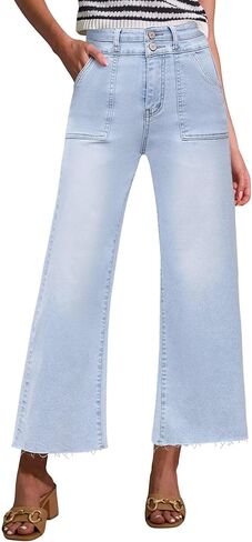 Allimy Womens High Rise Two Button Closure Cropped Jeans Wide Leg Front Slip Pockets Frayed Hem Denim Pant in Kuwait
