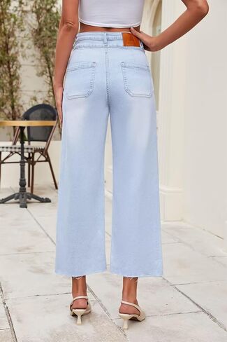 Allimy Womens High Rise Two Button Closure Cropped Jeans Wide Leg Front Slip Pockets Frayed Hem Denim Pant in Kuwait
