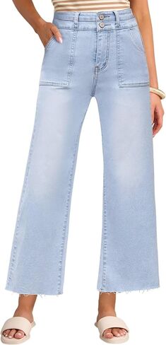 Allimy Womens High Rise Two Button Closure Cropped Jeans Wide Leg Front Slip Pockets Frayed Hem Denim Pant in Kuwait