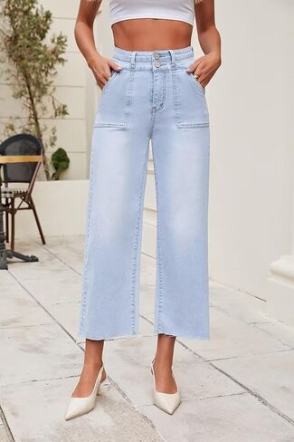 Allimy Womens High Rise Two Button Closure Cropped Jeans Wide Leg Front Slip Pockets Frayed Hem Denim Pant in Kuwait