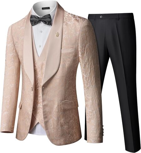 Hihawk Mens 3 Piece Floral Tuxedo, Jacquard Slim Suit Set, Paisley Blazer Vest and Pants with Bow Tie for Prom Wedding in Saudi Arabia