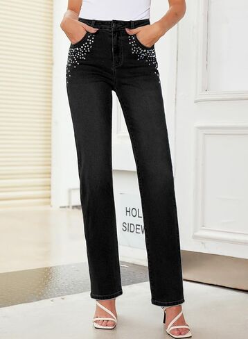 Sidefeel Women's Straight Leg Jeans High Waisted Stretchy Rhinestone Wide Leg Denim Pants in Saudi Arabia