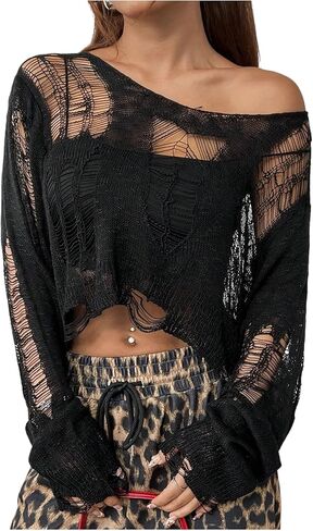 WDIRARA Women's Sheer Ripped Distressed Knit Top Long Sleeve See Through Crop Top in Saudi Arabia