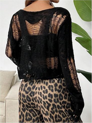 WDIRARA Women's Sheer Ripped Distressed Knit Top Long Sleeve See Through Crop Top in Saudi Arabia
