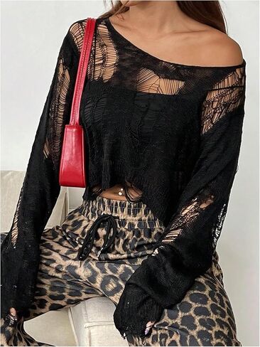 WDIRARA Women's Sheer Ripped Distressed Knit Top Long Sleeve See Through Crop Top in Saudi Arabia