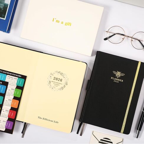 2025-2026 Planner - Planner 2025-2026 ، Jul2025 - Jun 2026 ، 2025-2026 Planner Weekly and Monthly مع ملصقات تقويمية ، 5.75 "× 8.25" ، Saffiano Leather ، حلقة القلم ، الجيب الخلفي - Black Bee in Kuwait