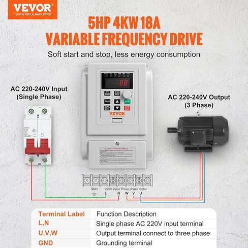 VEVOR VFD 10HP، 7.5KW، 34A، مرحلة واحدة 220 فولت - 240 فولت مدخل إلى 3 مراحل 220 فولت - 240 فولت محرك تردد متغير، 0-400 هرتز VFD للتحكم في سرعة محرك التيار المتردد in Kuwait
